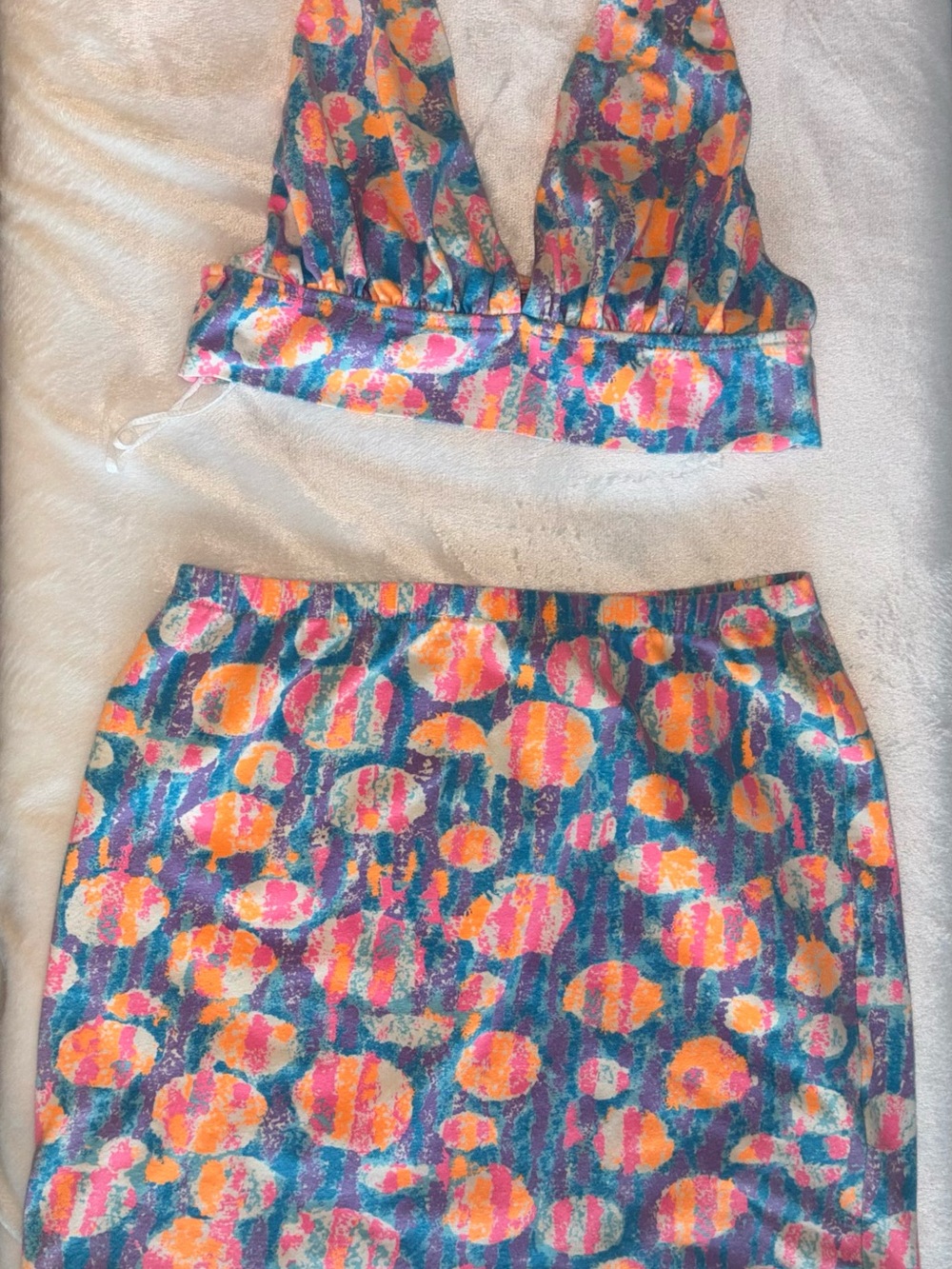 Vacation ready Vibrant Multicolor Printed Skirt Set - Pink & Teal Two-Piece
